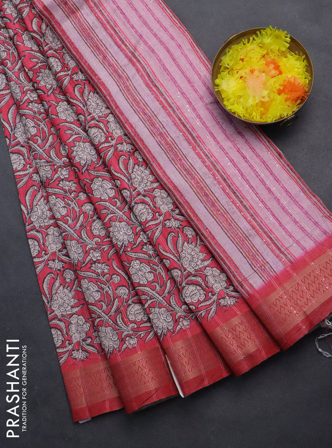 Semi tussar saree reddish pink with allover kalamkari prints & sequin work and zari woven border