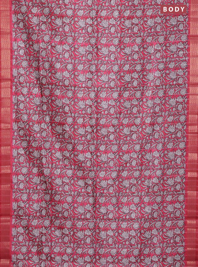 Semi tussar saree reddish pink with allover kalamkari prints & sequin work and zari woven border