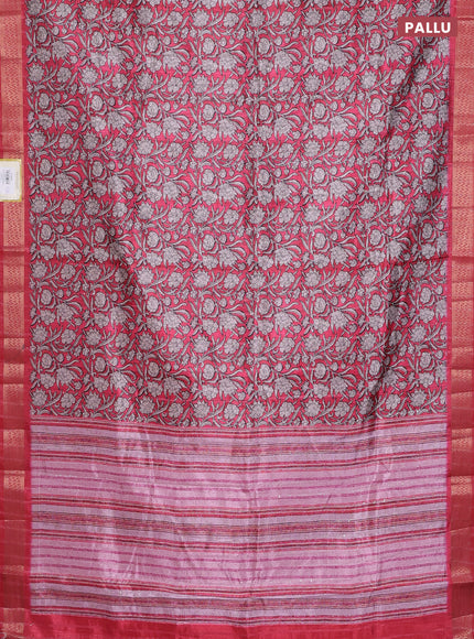 Semi tussar saree reddish pink with allover kalamkari prints & sequin work and zari woven border
