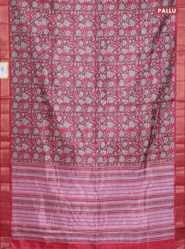 Semi tussar saree reddish pink with allover kalamkari prints & sequin work and zari woven border