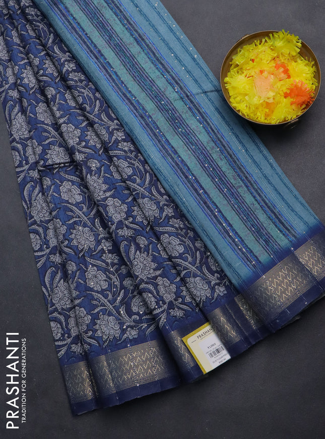 Semi tussar saree blue with allover kalamkari prints & sequin work and zari woven border