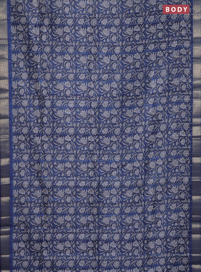 Semi tussar saree blue with allover kalamkari prints & sequin work and zari woven border