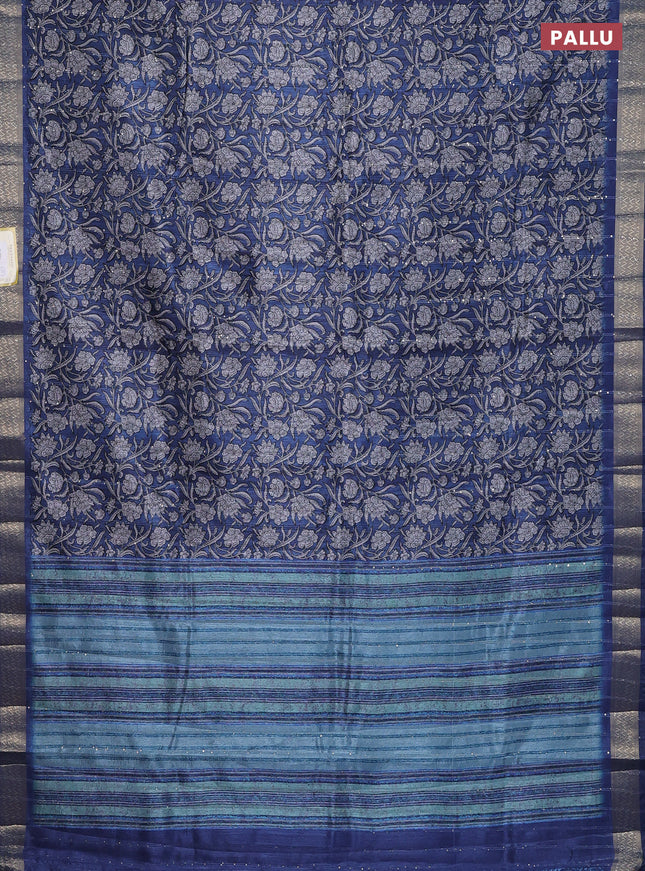 Semi tussar saree blue with allover kalamkari prints & sequin work and zari woven border