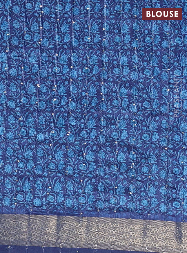 Semi tussar saree blue with allover kalamkari prints & sequin work and zari woven border
