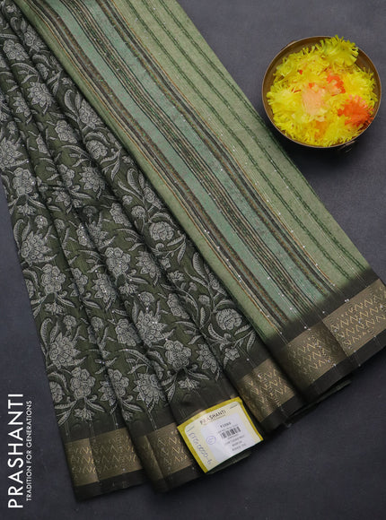 Semi tussar saree sap green with allover kalamkari prints & sequin work and zari woven border
