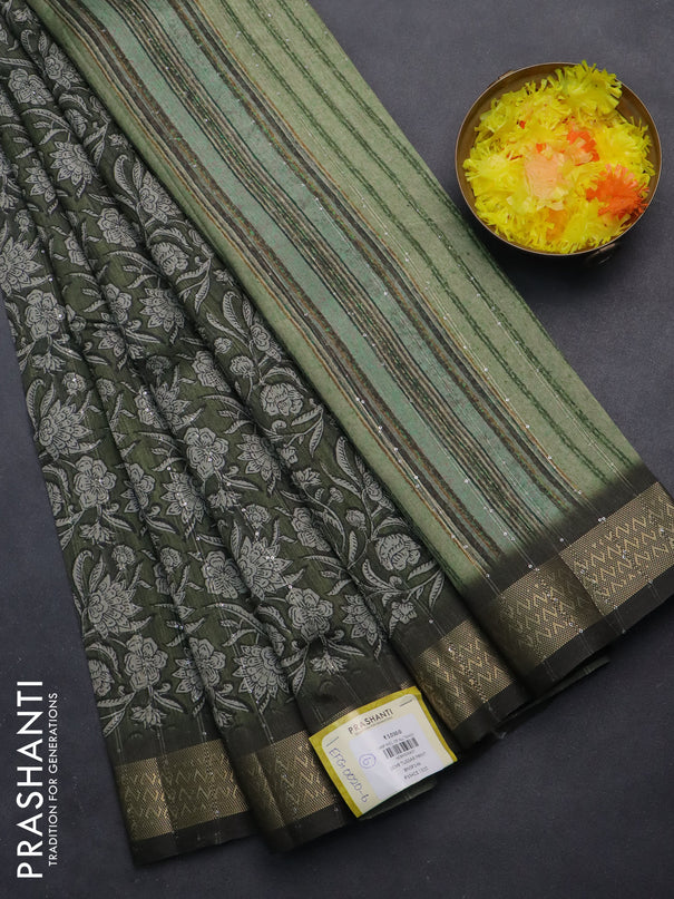 Semi tussar saree sap green with allover kalamkari prints & sequin work and zari woven border