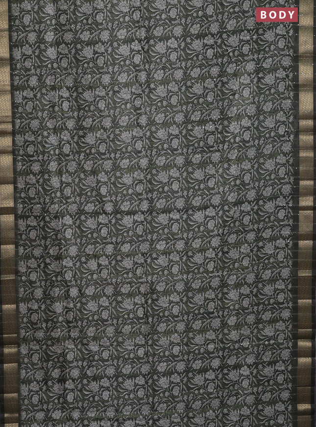 Semi tussar saree sap green with allover kalamkari prints & sequin work and zari woven border