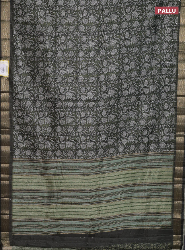 Semi tussar saree sap green with allover kalamkari prints & sequin work and zari woven border