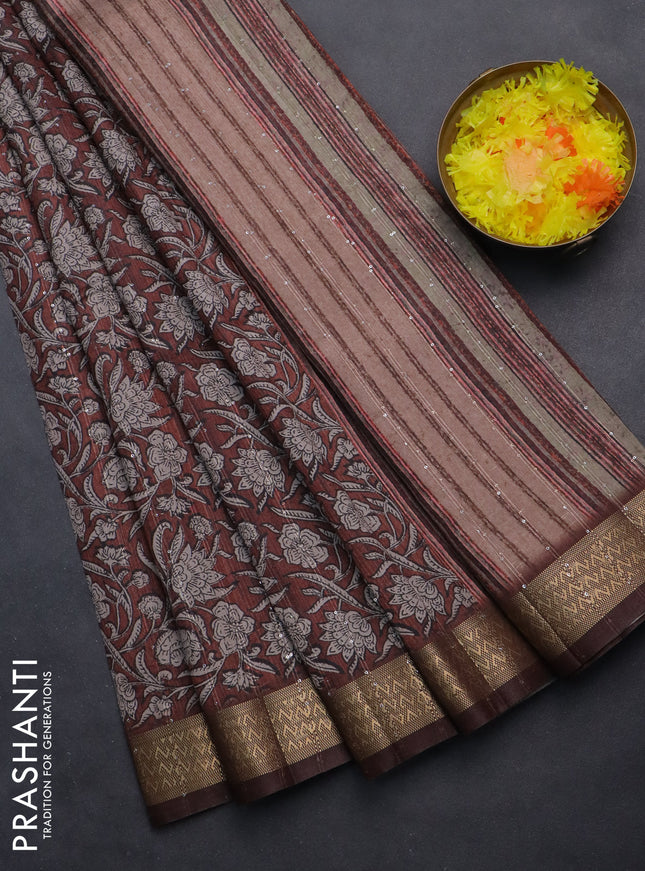 Semi tussar saree brown with allover kalamkari prints & sequin work and zari woven border