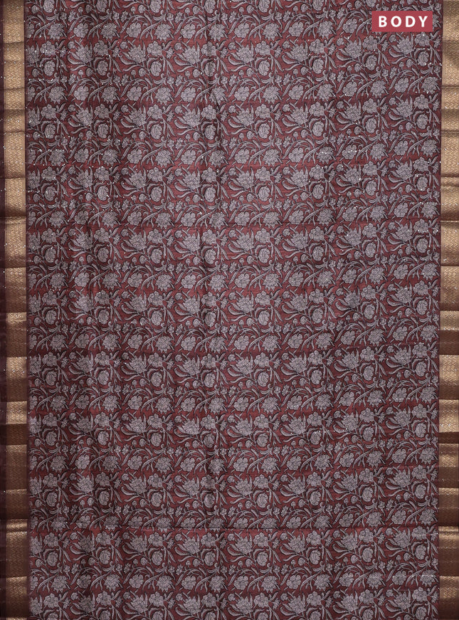 Semi tussar saree brown with allover kalamkari prints & sequin work and zari woven border