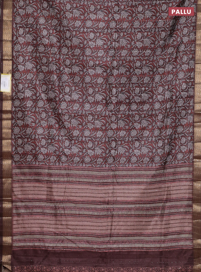Semi tussar saree brown with allover kalamkari prints & sequin work and zari woven border