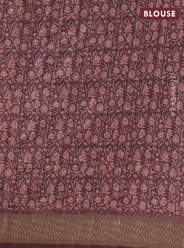 Semi tussar saree brown with allover kalamkari prints & sequin work and zari woven border