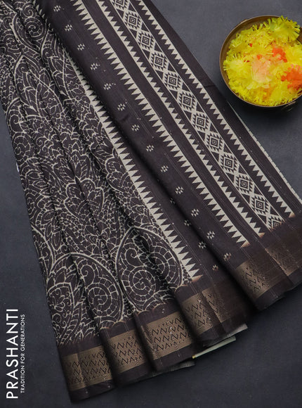 Semi tussar saree dark brown with allover prints & sequin work and zari woven border