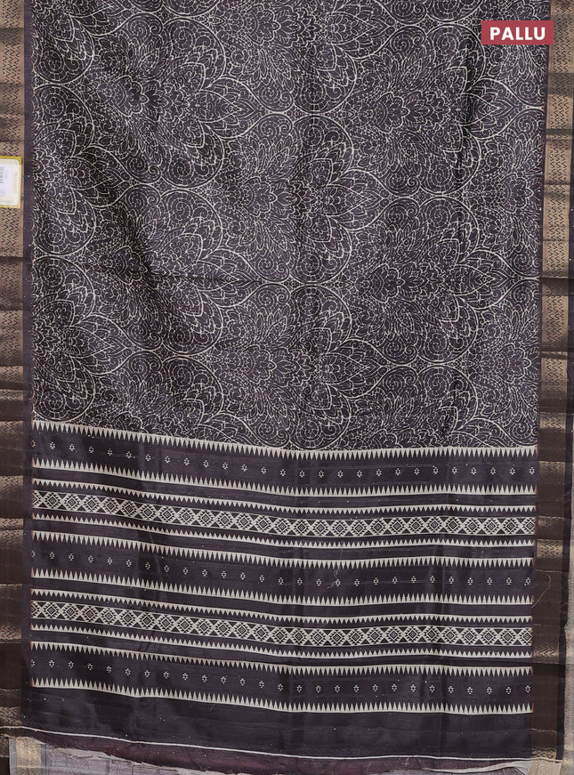 Semi tussar saree dark brown with allover prints & sequin work and zari woven border