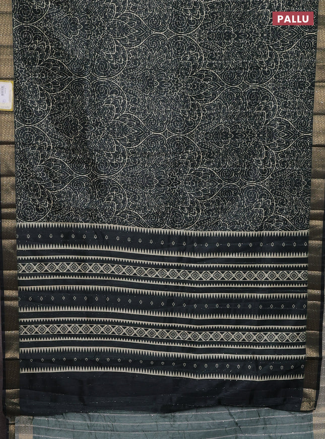 Semi tussar saree dark bottle green with allover prints & sequin work and zari woven border