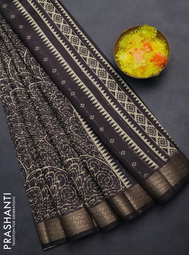 Semi tussar saree coffee brown with allover prints & sequin work and zari woven border