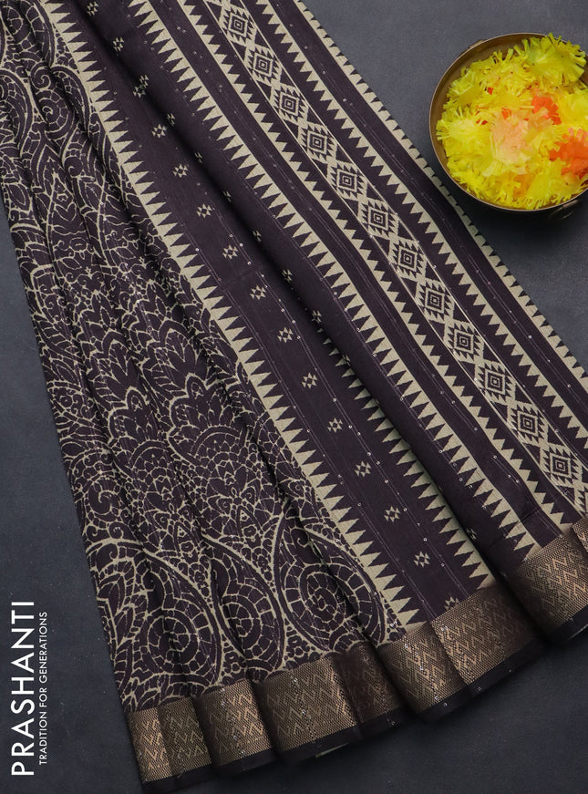 Semi tussar saree brown with allover prints & sequin work and zari woven border