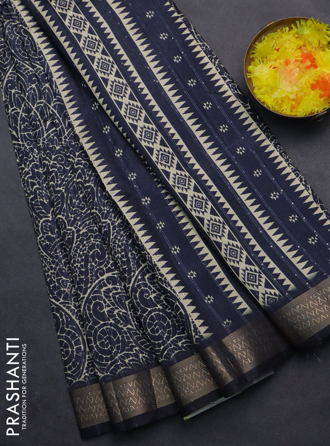 Semi tussar saree navy blue with allover prints & sequin work and zari woven border
