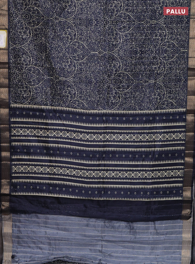 Semi tussar saree navy blue with allover prints & sequin work and zari woven border