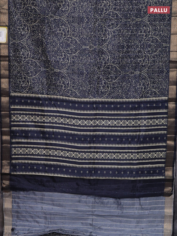 Semi tussar saree navy blue with allover prints & sequin work and zari woven border