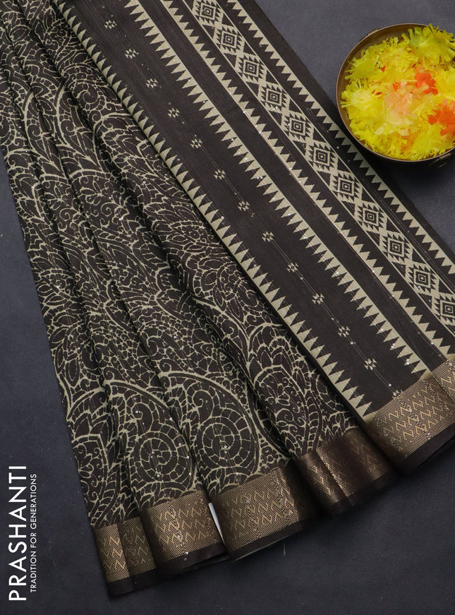 Semi tussar saree brown with allover prints & sequin work and zari woven border