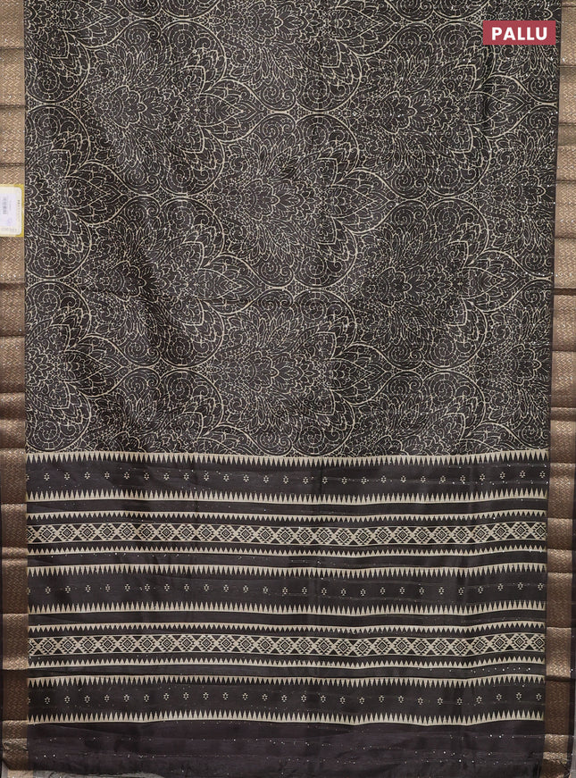 Semi tussar saree brown with allover prints & sequin work and zari woven border