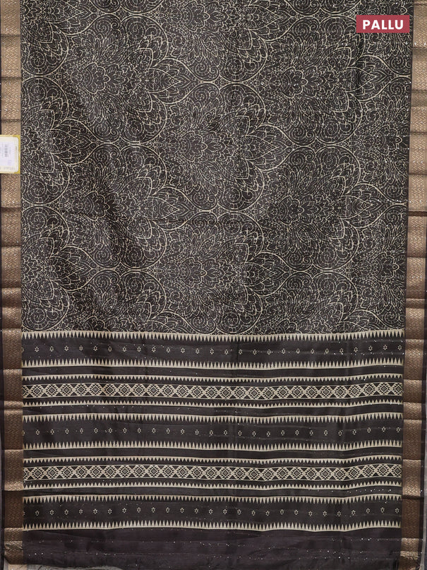 Semi tussar saree brown with allover prints & sequin work and zari woven border
