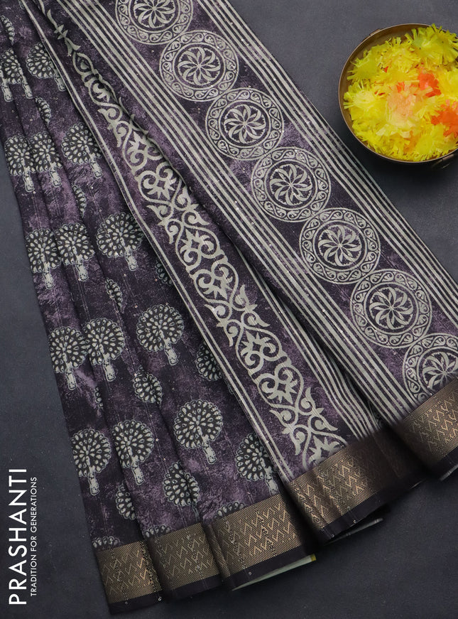 Semi tussar saree jamun shade with butta prints & sequin work and zari woven border