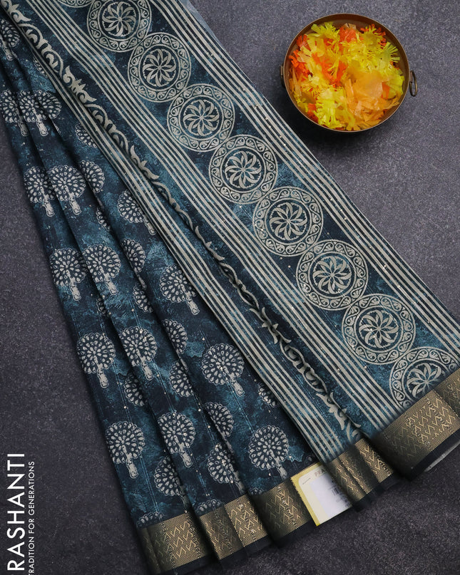 Semi tussar saree peacock green with butta prints & sequin work and zari woven border