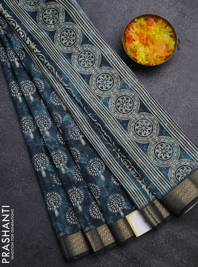 Semi tussar saree peacock green with butta prints & sequin work and zari woven border