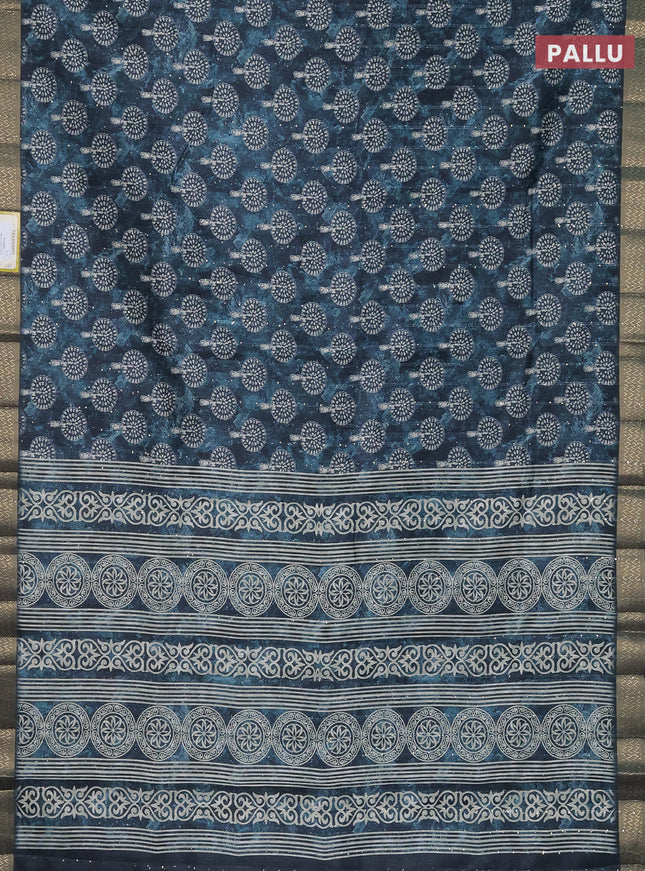 Semi tussar saree peacock green with butta prints & sequin work and zari woven border