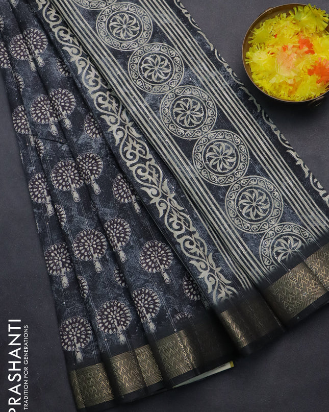 Semi tussar saree elephant grey with butta prints & sequin work and zari woven border