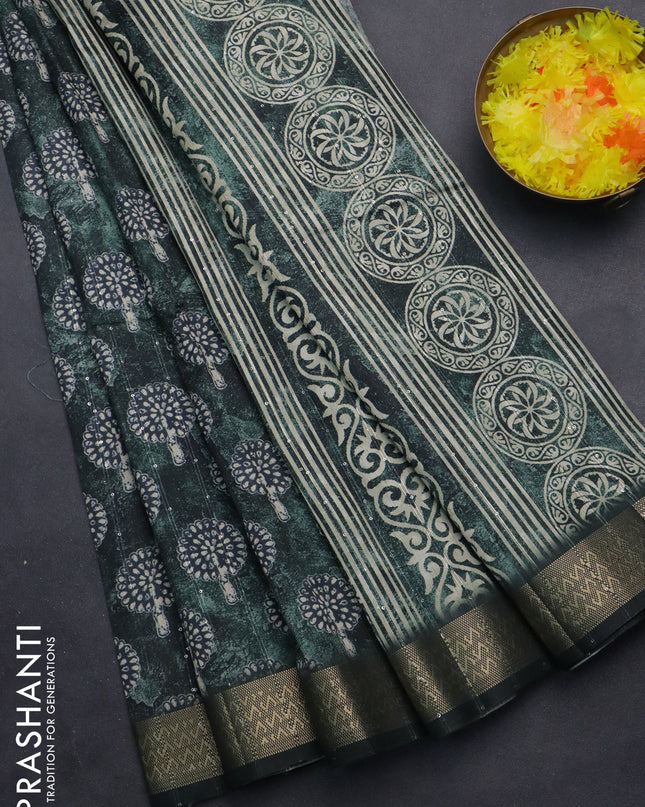 Semi tussar saree sap green with butta prints & sequin work and zari woven border