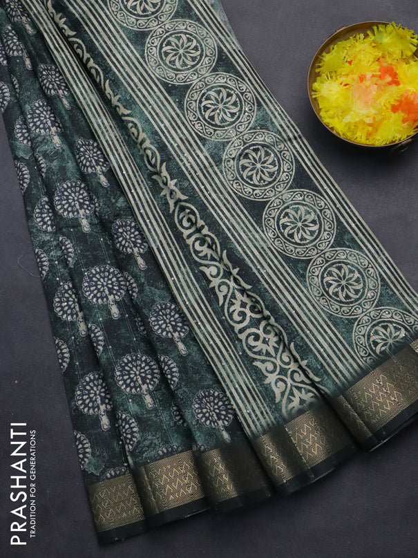 Semi tussar saree sap green with butta prints & sequin work and zari woven border