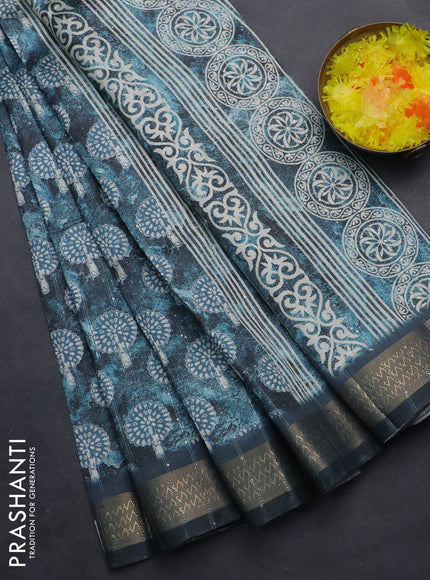 Semi tussar saree peacock blue with butta prints & sequin work and zari woven border