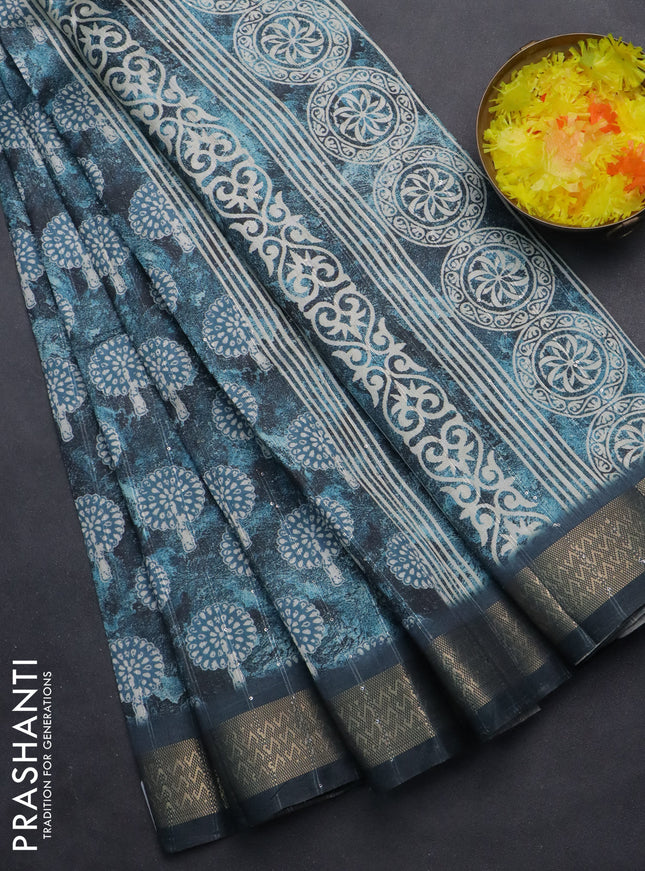 Semi tussar saree peacock blue with butta prints & sequin work and zari woven border