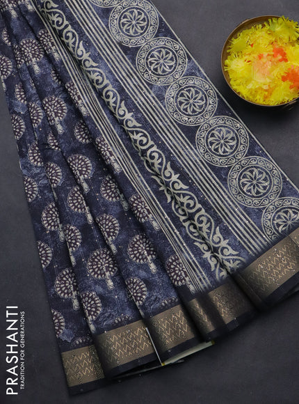 Semi tussar saree navy blue with butta prints & sequin work and zari woven border
