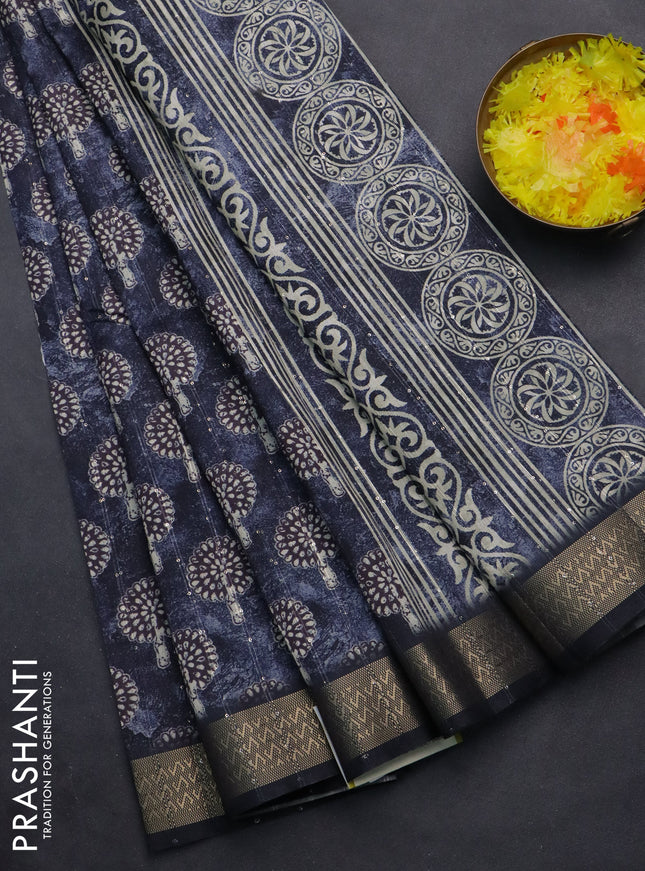 Semi tussar saree navy blue with butta prints & sequin work and zari woven border