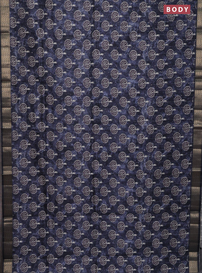Semi tussar saree navy blue with butta prints & sequin work and zari woven border