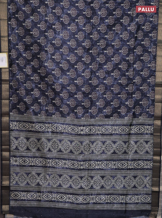 Semi tussar saree navy blue with butta prints & sequin work and zari woven border