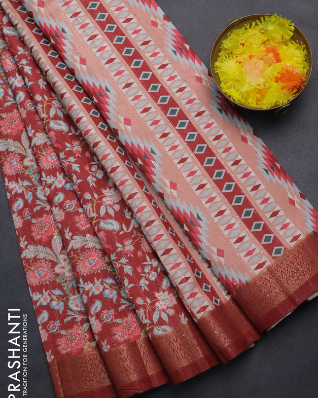 Semi tussar saree maroon with allover kalamkari prints & sequin work and zari woven border