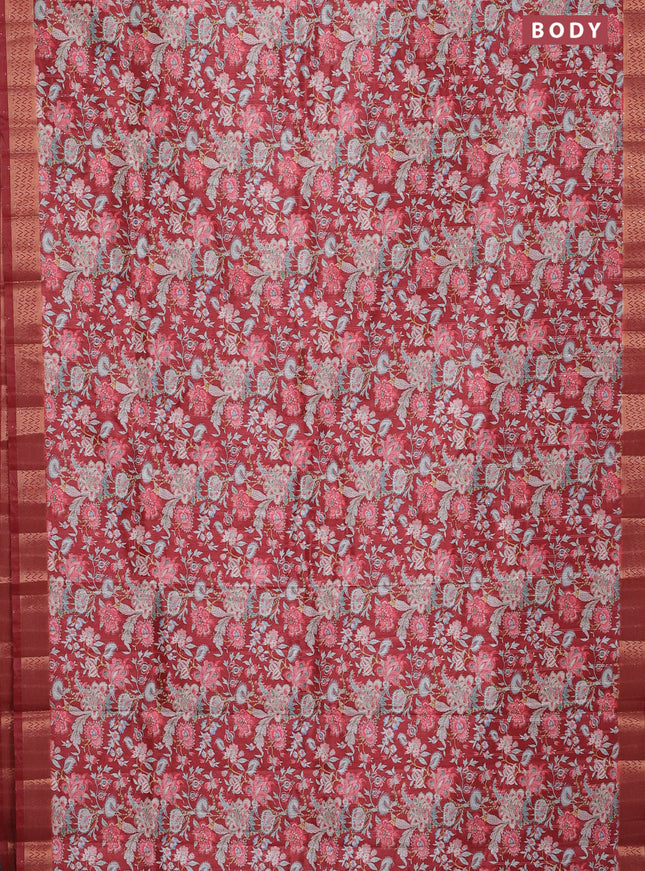 Semi tussar saree maroon with allover kalamkari prints & sequin work and zari woven border