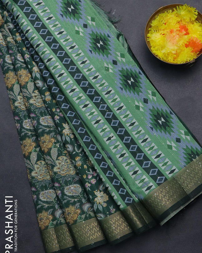 Semi tussar saree green with allover kalamkari prints & sequin work and zari woven border
