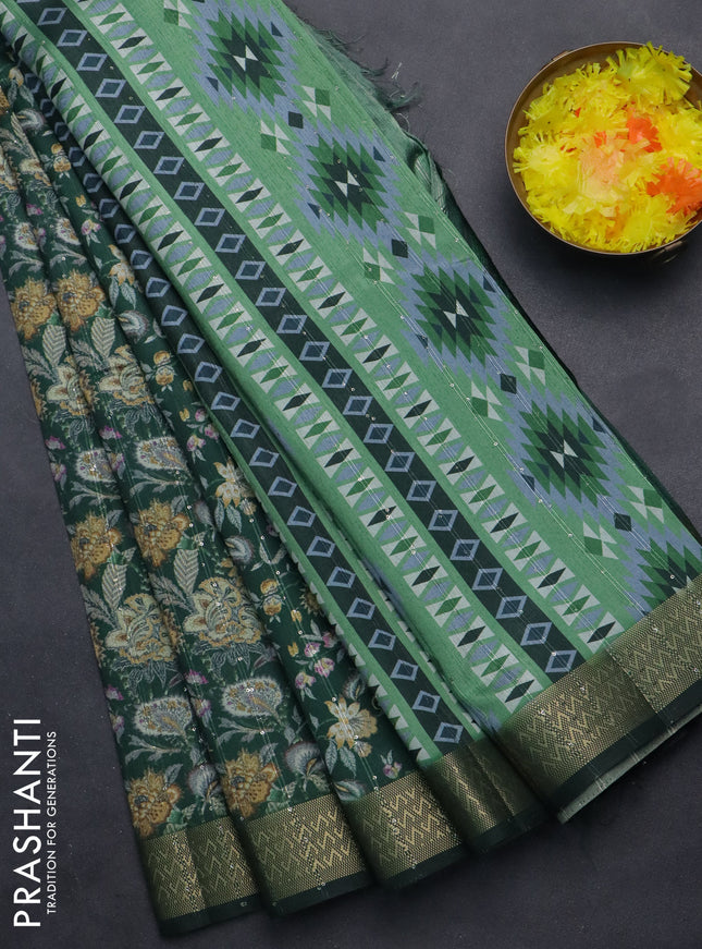 Semi tussar saree green with allover kalamkari prints & sequin work and zari woven border