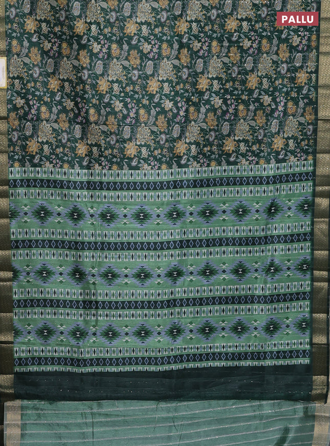 Semi tussar saree green with allover kalamkari prints & sequin work and zari woven border
