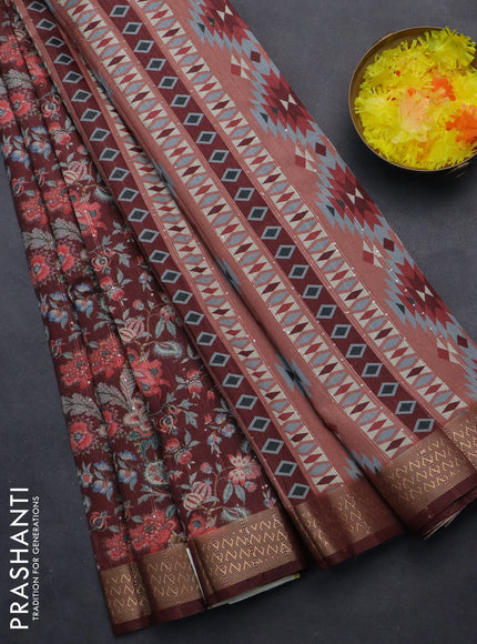 Semi tussar saree maroon with allover kalamkari prints & sequin work and zari woven border