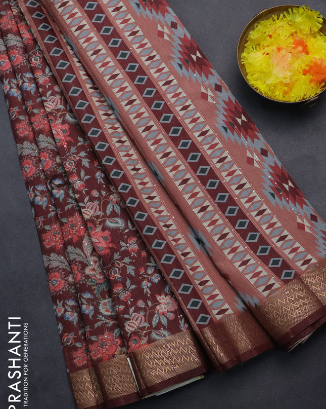Semi tussar saree maroon with allover kalamkari prints & sequin work and zari woven border