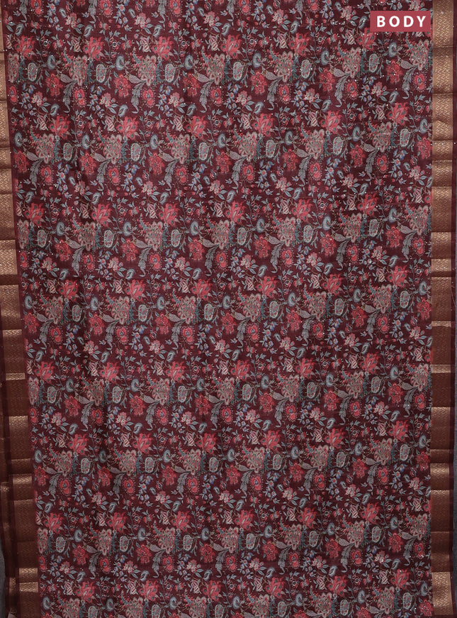 Semi tussar saree maroon with allover kalamkari prints & sequin work and zari woven border