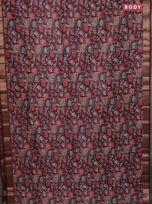 Semi tussar saree maroon with allover kalamkari prints & sequin work and zari woven border