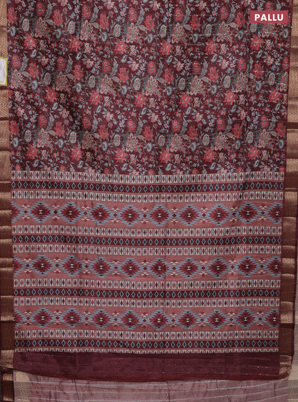 Semi tussar saree maroon with allover kalamkari prints & sequin work and zari woven border
